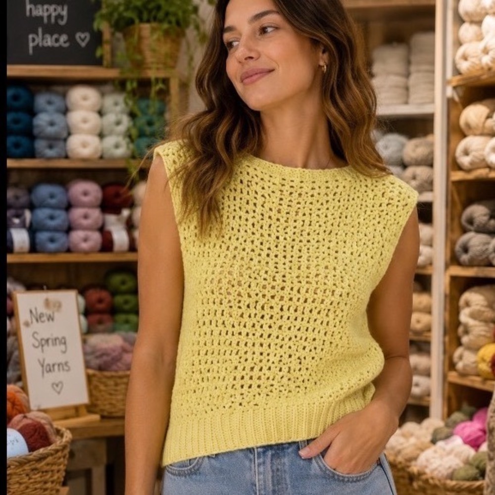 Handmade Crochet Knit Sleeveless sweater boho Chic hippie Cottagecore Yellow S